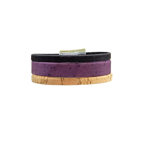 Purple, Black, and Tan, 3 Strand Cork Bracelet